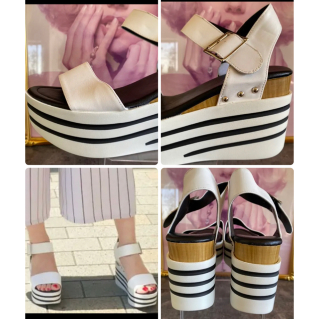 DIANA(ダイアナ)の新品　ボーダーウェッジソールサンダル　厚底サンダル　ホワイト　アンクルストラップ レディースの靴/シューズ(サンダル)の商品写真