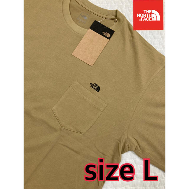 XL 新品ノースフェイス ロゴ ポケットTシャツ刺繍ロゴ半袖ベージュ ケルプタン