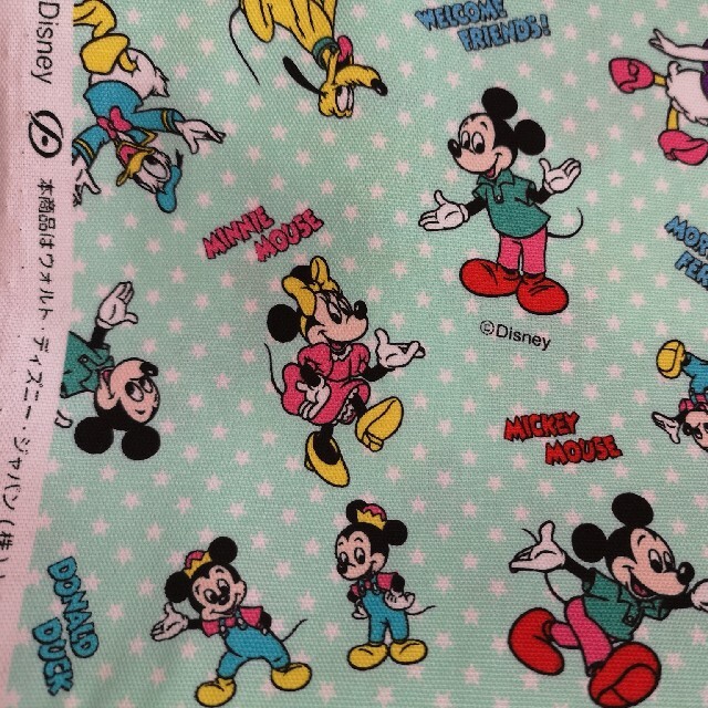 Disney(ディズニー)のミッキー　 生地 ミニー　フレンズ　ミント  ドナルド　レア　廃盤　55×25 ハンドメイドの素材/材料(生地/糸)の商品写真
