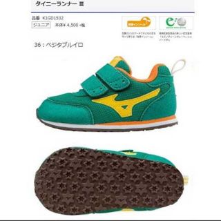 ミズノ(MIZUNO)のミズノ タイニーランナーIII キッズシューズ 13.5 ベジタブルイロ(スニーカー)