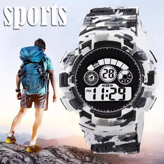スポーツ腕時計　LED デジタル 腕時計 ミリタリー　耐久性 スポーツ　白(腕時計(デジタル))