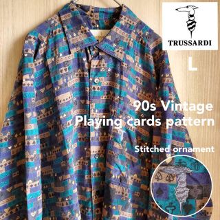 トラサルディ(Trussardi)の90s古着 トラサルディ シャツ トランプ アート 総柄 刺繍 レトロ 菅田将暉(シャツ)