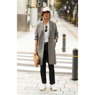 美品* プラステ PLST チェスターコート グレンチェック ロング グレー-
