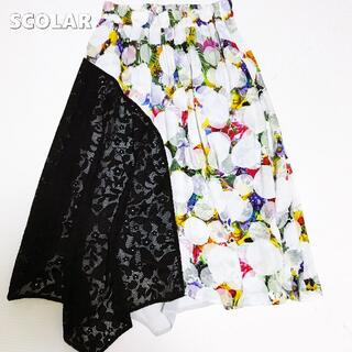 スカラー(ScoLar)の【scolar】ドットフラワー総柄 レース+シフォン 切り替え スカート(ひざ丈スカート)