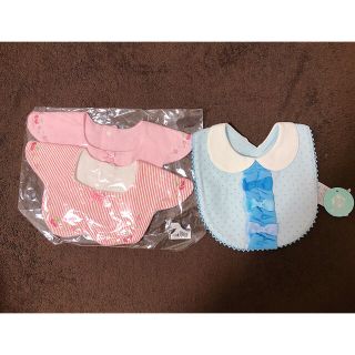 マザウェイズ(motherways)のマザウェイズのスタイ3枚セット　さくらんぼ　ストライプ　ピンク(ベビースタイ/よだれかけ)