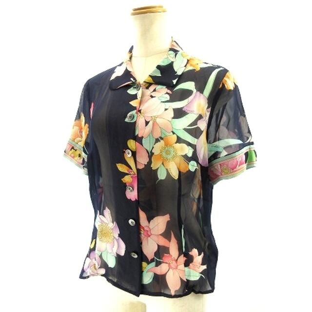 レオナール LEONARD シルクシャツ 半袖 花柄プリント シースルー ネイビ