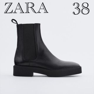 ザラ(ZARA)の新品 ZARA スクエアトゥレザーフラットアンクルブーツ 38(ブーツ)