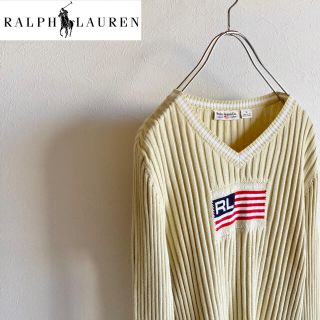 ラルフローレン(Ralph Lauren)のラルフローレン ポロジーンズ 星条旗 ロゴ コットン リブ ニット M ベージュ(ニット/セーター)