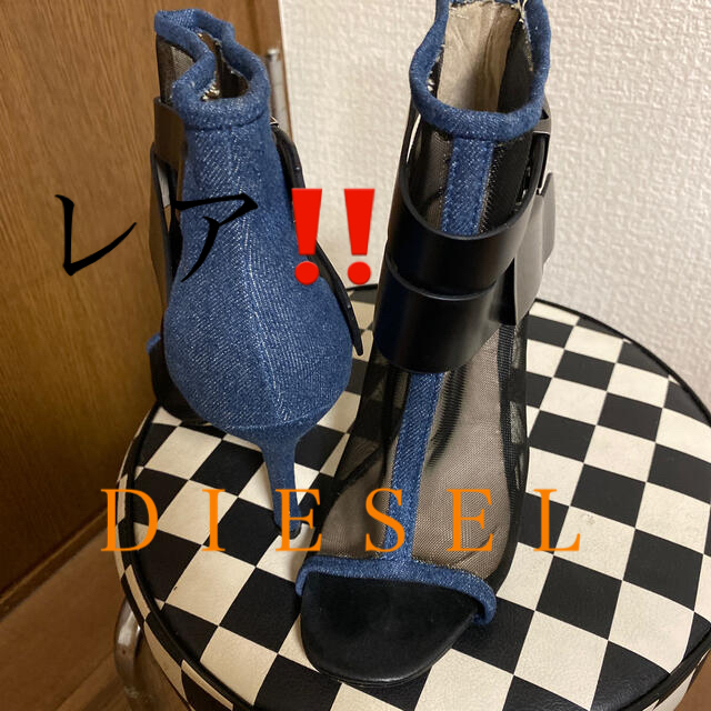 DIESEL ブーツ デニム レザー網タイツ風 ハイヒール ディーゼル