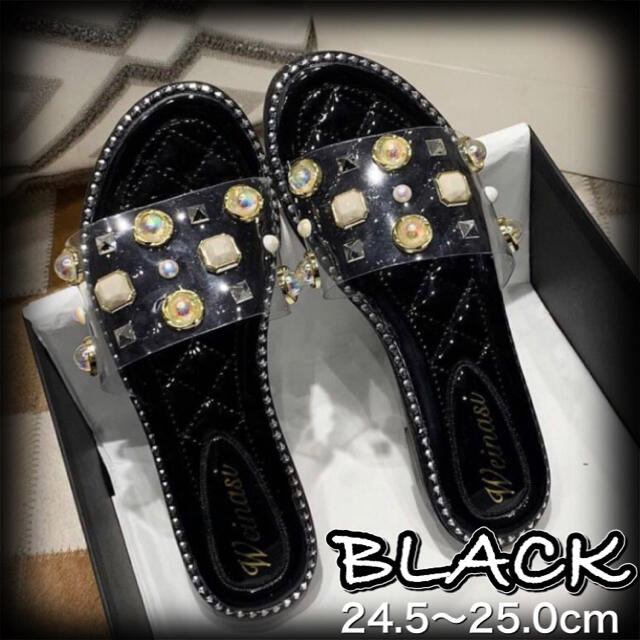 【SALE】ビジューサンダル ブラック40 パール 透明 フラットクリアサンダル レディースの靴/シューズ(サンダル)の商品写真