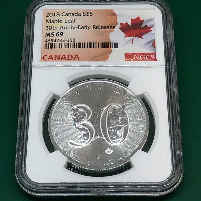 【即納&大特価】 2018年 No.774 MS69 限定品 30周年 メイプルリーフ銀貨 カナダ 貨幣