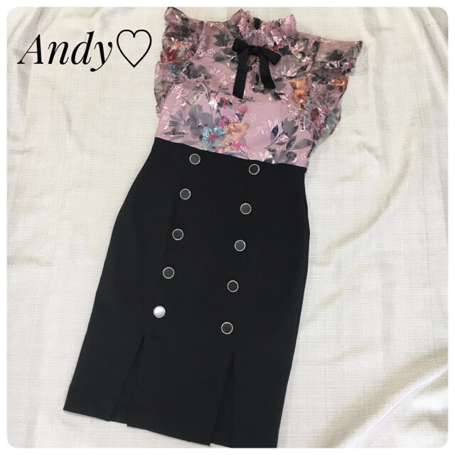 【美品】Andy 首元リボン ひざ丈ワンピース 花柄 レース 上品