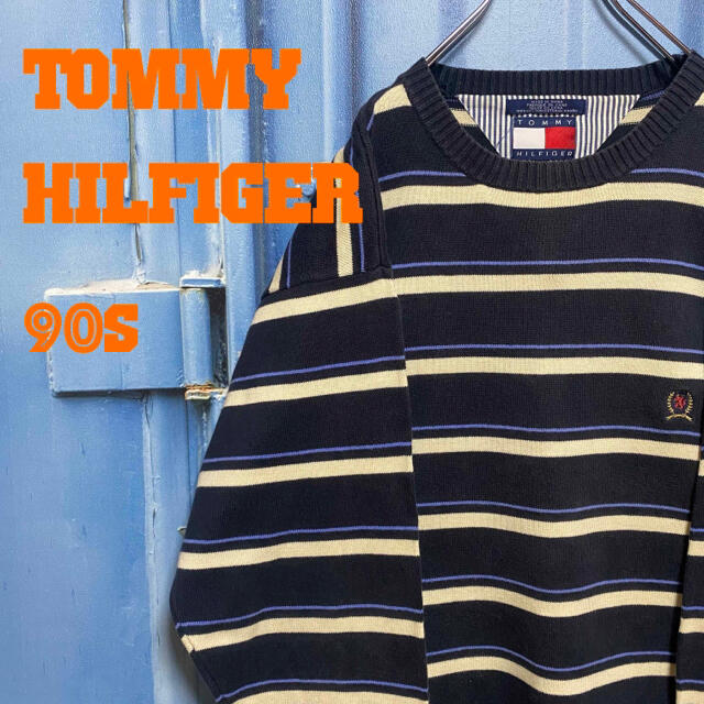 TOMMY HILFIGER(トミーヒルフィガー)の90s オールド トミーヒルフィガー トリコタグ ボーダー コットンニット 古着 メンズのトップス(ニット/セーター)の商品写真