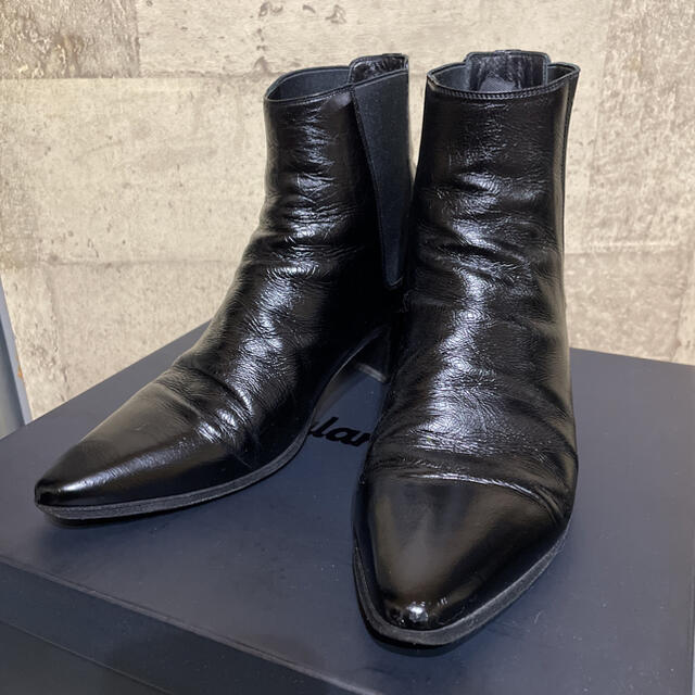 極美品★SAINT LAURENT PARIS サンローランパリ 315557 サイドゴア ポインテッドトゥ パテント ブーティー／ブーツ 黒 36 1/2 イタリア製 h05-st30221-311