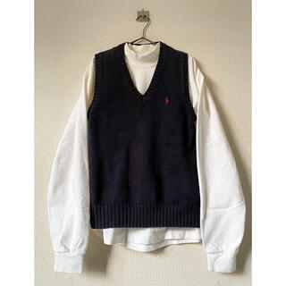 vintage ラルフローレン ネイビー 紺色 刺繍ロゴ ニットベスト セーター