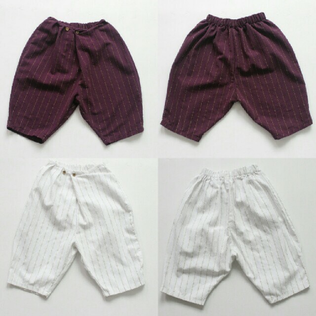 90サイズ ダークワインレッド 9分丈 ストライプ ワイドパンツ ボトムス キッズ/ベビー/マタニティのキッズ服男の子用(90cm~)(パンツ/スパッツ)の商品写真