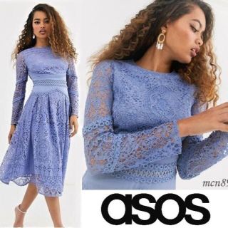 エイソス(asos)の【新品・タグ付】asos　レースプリーツミディドレス　UK4(ひざ丈ワンピース)