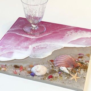 絵画 ハンドメイド レジンアート 波 オリジナル一点物 ピンクラグーン