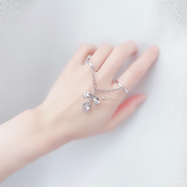 3/15新作＊ribbon&zirconia heart double ring ハンドメイドのアクセサリー(リング)の商品写真