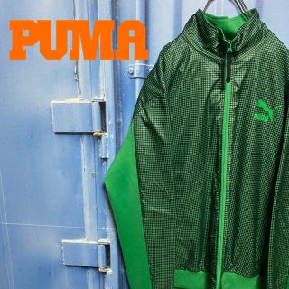 プーマ(PUMA)のプーマ ナイロンジャケット グリーン チェック柄 デザイン ゆるだぼ オーバー(ジャージ)