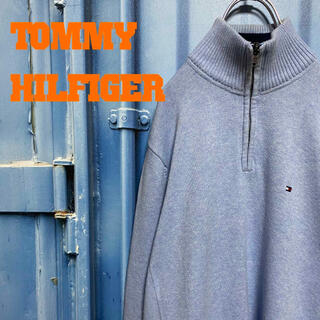 トミーヒルフィガー(TOMMY HILFIGER)のトミーヒルフィガー ハーフジップ ニット ワンポイント ライン 刺繍ロゴ 古着(ニット/セーター)