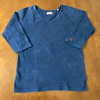 ハリウッドランチマーケット(HOLLYWOOD RANCH MARKET)のMサイズ　ハリウッドランチマーケット　5分丈Tシャツ　ネイビー　オレンジ「H」(Tシャツ(半袖/袖なし))