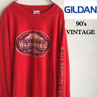 ギルタン(GILDAN)の90s GILDAN 長袖　Tシャツ　ギルダン　ロンT レッド　赤　袖プリント(Tシャツ/カットソー(七分/長袖))