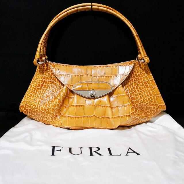 【美品】フルラ  レザー　ショルダーバッグ　クロコ型押し 保存袋付き FURLA