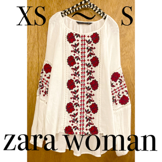 ザラ(ZARA)のzarawoman 刺繍チュニック ZARA リネン プルオーバー xs 白 S(シャツ/ブラウス(長袖/七分))