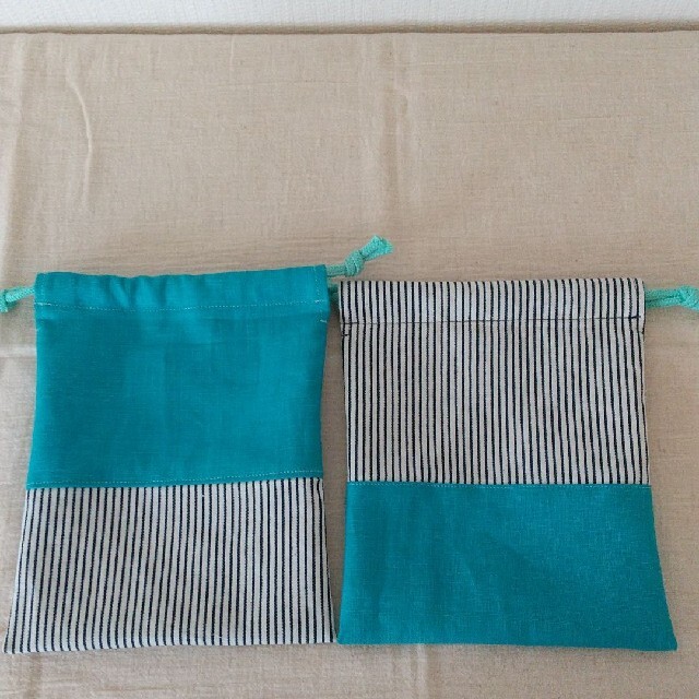 給食袋 巾着 2枚セット ハンドメイド ストライプ シンプル デニム 高学年 ハンドメイドのキッズ/ベビー(外出用品)の商品写真