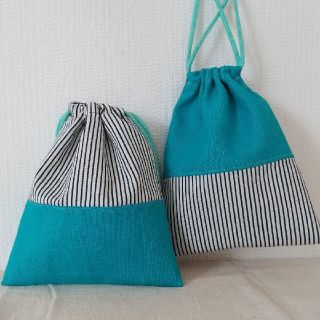 給食袋 巾着 2枚セット ハンドメイド ストライプ シンプル デニム 高学年(外出用品)