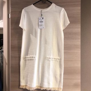 ザラ(ZARA)の【タグ付新品】ZARA ツイード 半袖ワンピース ホワイト(ミニワンピース)