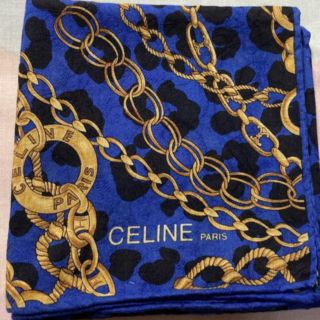 セリーヌ(celine)のセリーヌ　大判ハンカチ　中古　バックチャーム　リボン　豹柄　青　鎖柄(ハンカチ)