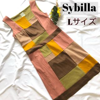 シビラ(Sybilla)のシビラ sybilla ワンピース パッチワーク柄 グリーン 鶯色 黄緑 L(ひざ丈ワンピース)