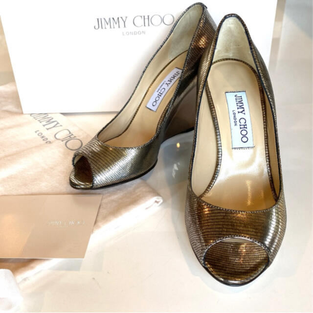 レディースJimmy Choo Baxen オープントゥ　ウエッジ シルバー　ゴールド