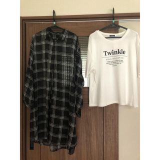 限定値下　3L  シアーチェックロングシャツ　Tシャツセット(ロングワンピース/マキシワンピース)