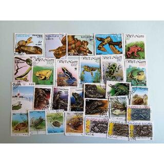 爬虫類 世界 の 切手 約100枚 スタンプ 蛇 亀 蛙 蜥蜴 カメレオン ヘビ