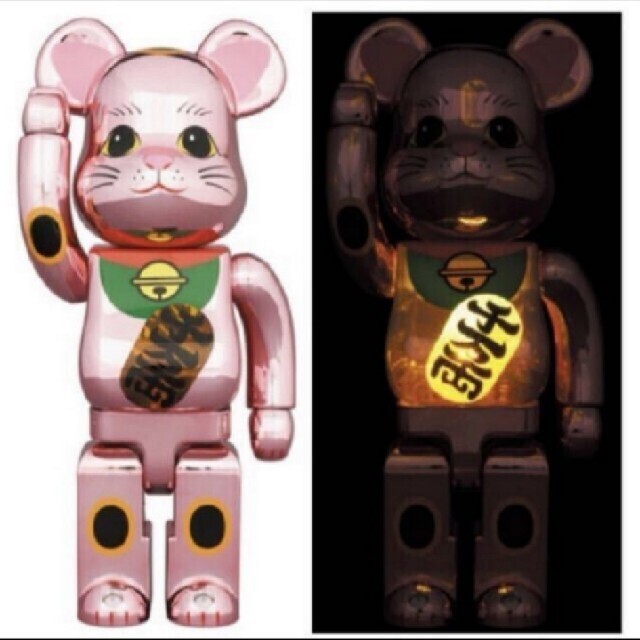 即納！最大半額！ BE＠RBRICK 招き猫 桃金メッキ 発光 400％2つセット ...