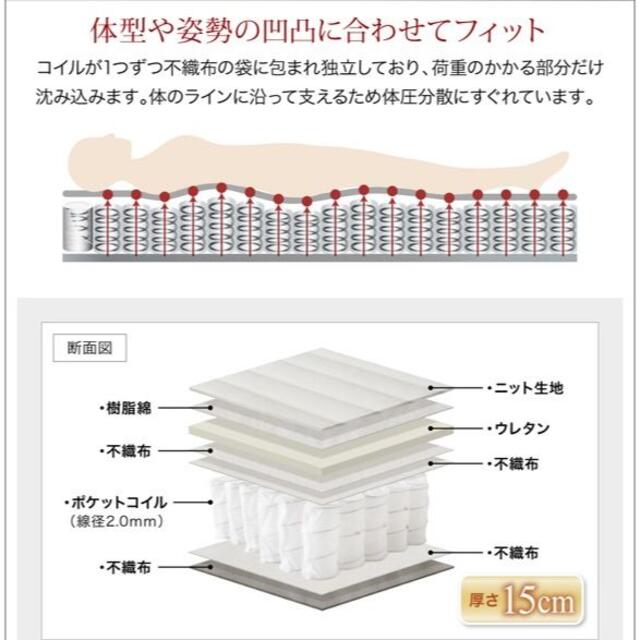 セミダブルベッド　ポケットコイルマットレス付き　高級レザーベッド　ブラック　黒 インテリア/住まい/日用品のベッド/マットレス(セミダブルベッド)の商品写真