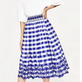 ザラ(ZARA)のZARA 膝下スカート　ギンガムチェック　ザラ　XS 春夏(ひざ丈スカート)