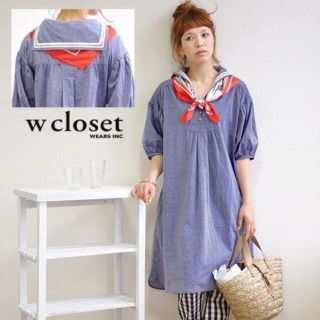 ダブルクローゼット(w closet)の【美品】 セーラー襟 ワンピース 五分袖 イーザッカ スカーフ(ひざ丈ワンピース)