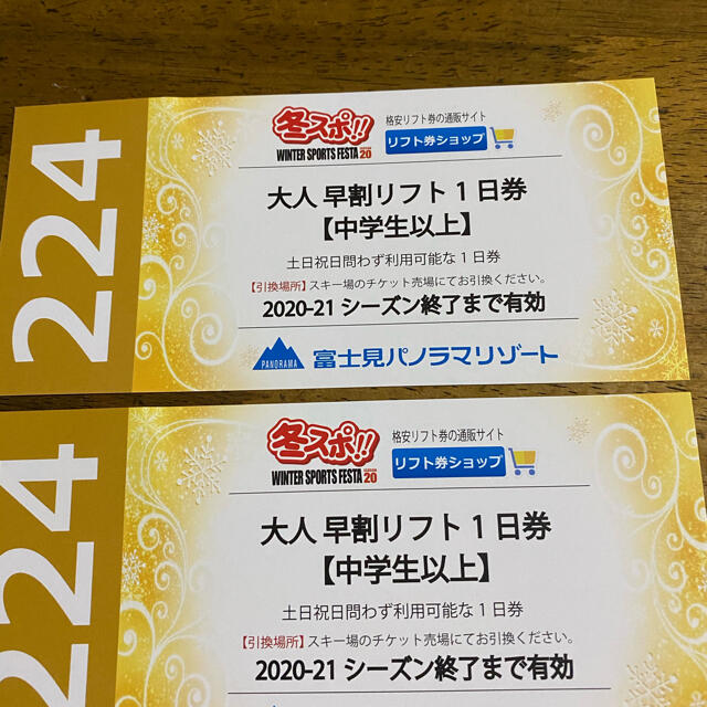 富士見パノラマリフト1日券2枚 チケットの施設利用券(スキー場)の商品写真