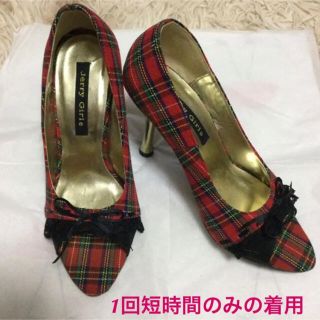 ユメテンボウ(夢展望)の【 1回着用のみ美品✨】 ジェリーガール オープントゥパンプス 赤チェック 35(ハイヒール/パンプス)