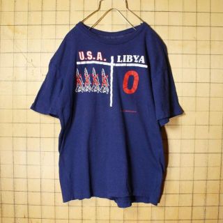 70s80s USA プリント半袖Tシャツ ネイビー S LIBYA aw123(Tシャツ/カットソー(半袖/袖なし))
