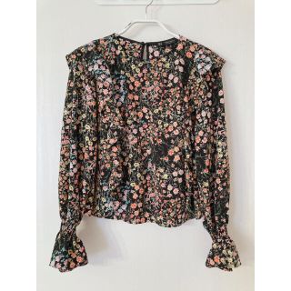 ザラ(ZARA)のZARA ザラ　ブラウス　ブラック　黒　フラワー　花柄　XS　モノトーン　フリル(シャツ/ブラウス(長袖/七分))