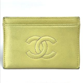 シャネル(CHANEL)のシャネル CHANEL ステッチ CC ココマーク 定期入れ カードケース キャビアスキン ライトイエロー(パスケース/IDカードホルダー)