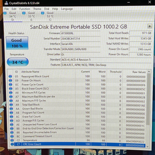 Sandisk M2 sata SSD 1T w/ stata アダプター