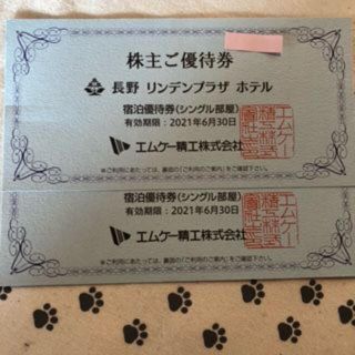 2枚　長野リンデンプラザホテル　シングル宿泊券　エムケー精工　株主優待券(宿泊券)