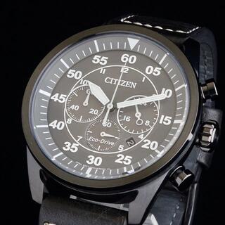シチズン(CITIZEN)の【新品即納】シチズン メンズ腕時計 44mm ブラックレザー ホワイトステッチ(腕時計(アナログ))