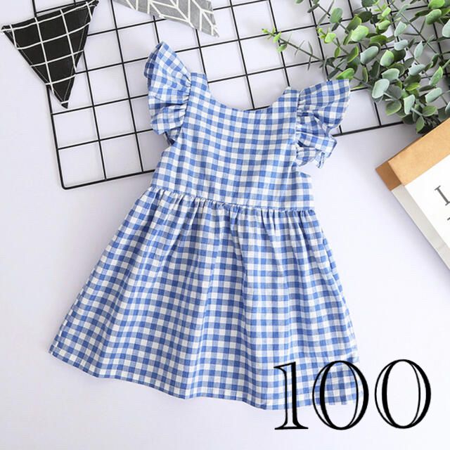 新品 ブルーチェックワンピース 100 ノースリーブ 90 110 120 キッズ/ベビー/マタニティのキッズ服女の子用(90cm~)(ワンピース)の商品写真